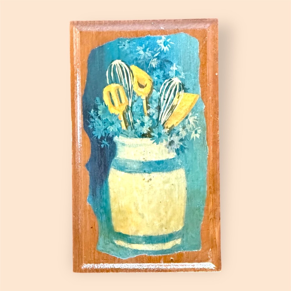 Vintage Painted Wood Plaque Kitchen Folk Art Utensils Flowers Blue Yellow